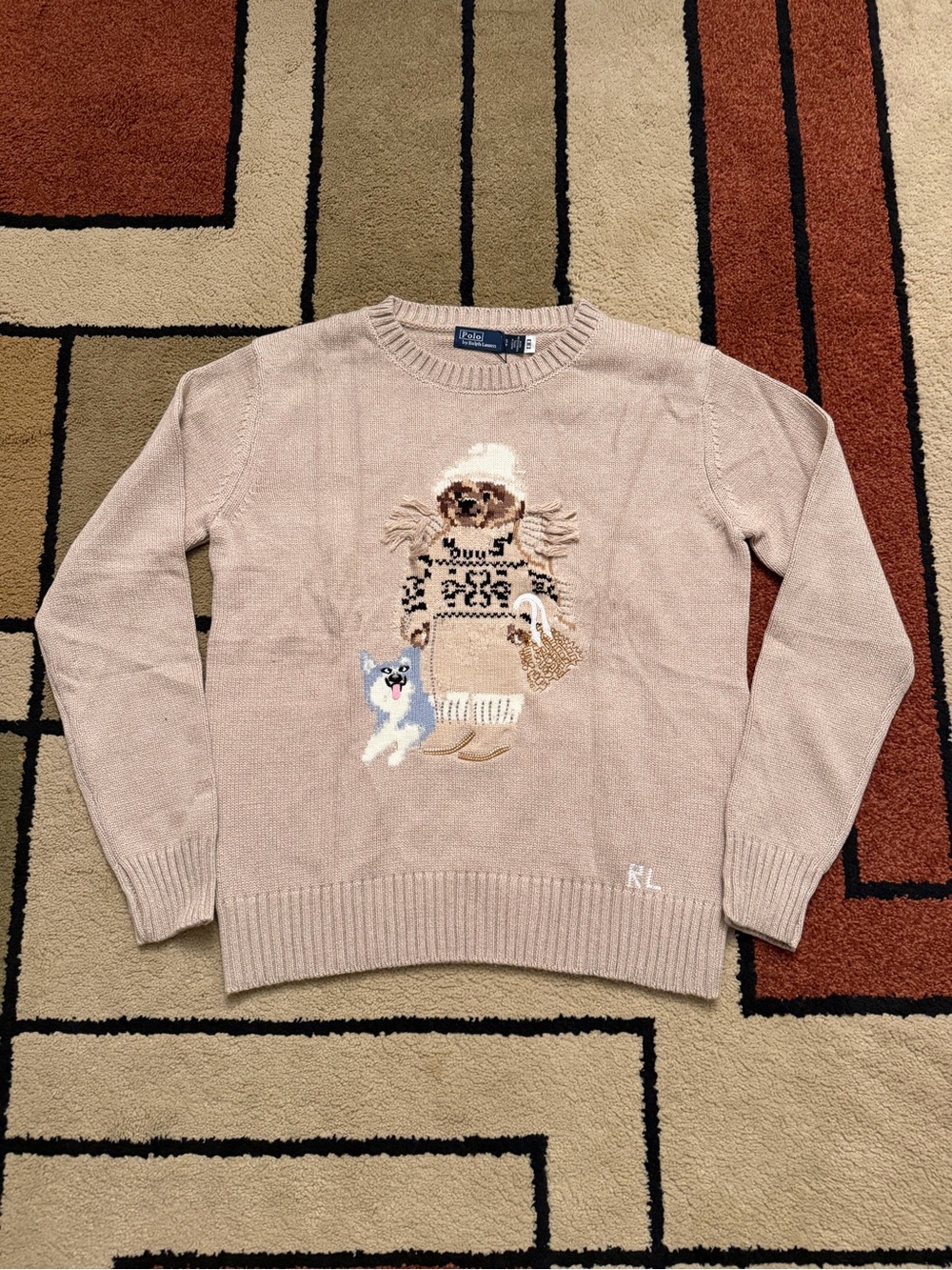 Ralph Lauren Beige Novelty Crewneck Sweater with Dog Motif